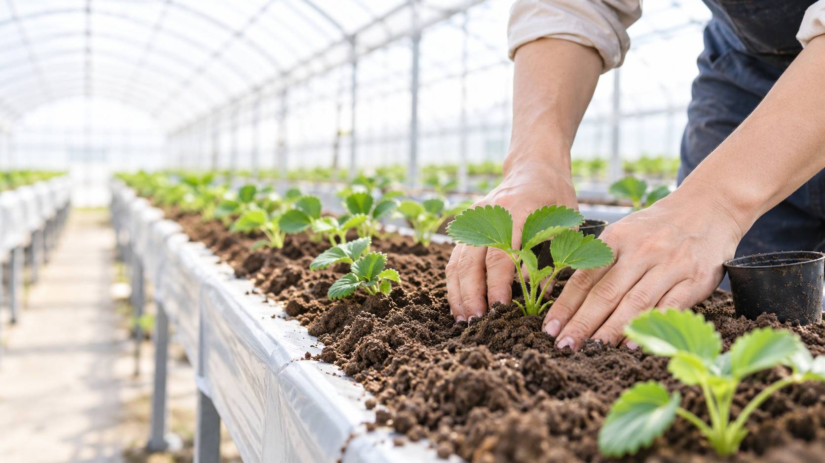 ビニールハウスの高設ベッドにいちご苗を定植している様子